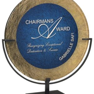 Gold and blue acrylic art mounted on iron stand