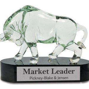8 1/4 inch clear art glass bull on black base