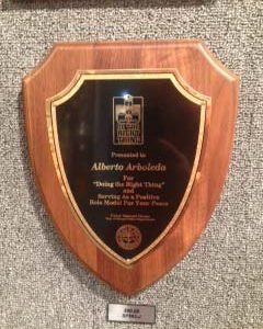 Oak wood finished shield plaque with gold trim