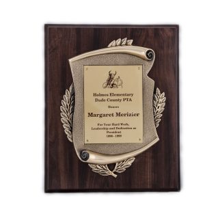 10.5'' x 13'' oak wood finished plaque with gold scroll metal casting