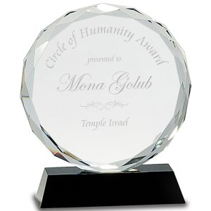 Round faceted crystal award on black base