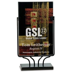 Art glass award on black stand