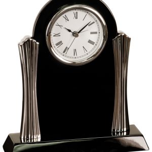 8.25 inch black piano finished desk clock with silver metal columns