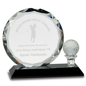 Crystal faceted circle and golf ball and tee award on black base