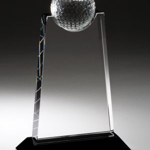 9 inch crystal award with golf ball on black base