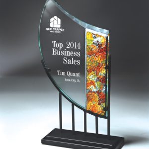 13 inch crescent glass award on metal stand with optional art piece
