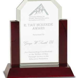 Glass award with rosewood piano finished base