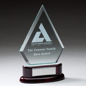 Diamond glass award on piano finished rosewood base