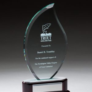 Jaded glass flame on piano finished rosewood base