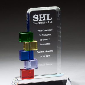 Glass award with colorful glass accents