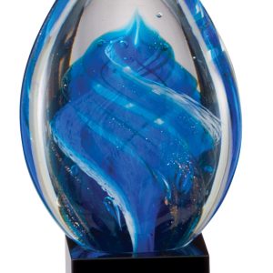 Clear glass award with suspended blue colors