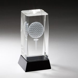 Crystal award with 3-D tee and golf ball on black base