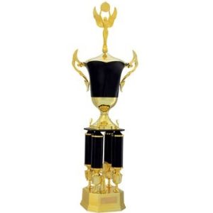 Black and gold two-tier trophy with four columns and cup
