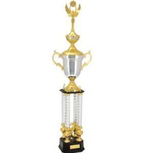 Silver and gold 3-tier trophy with four columns and cup