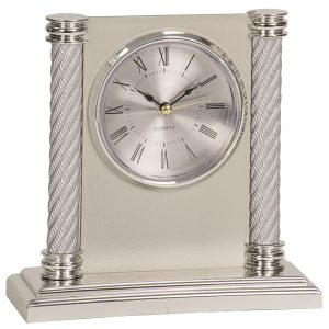 5.75 inch plastic silver clock with columns
