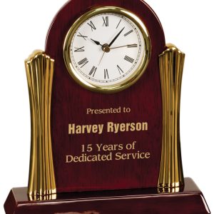 8.25 inch piano finished rosewood desk clock with gold metal columns