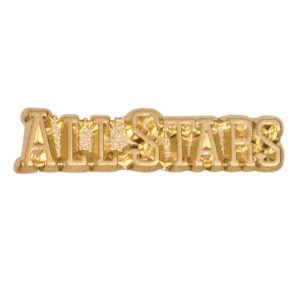 "Allstars" pin with bright gold finish and butterfly clutch back. Pin length is 0.5''