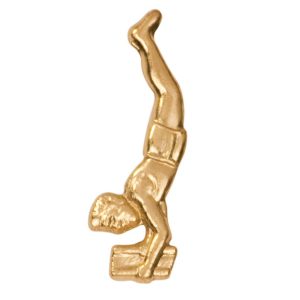 Male gymnast pin with bright gold finish and butterfly clutch back. Pin length is 0.5''