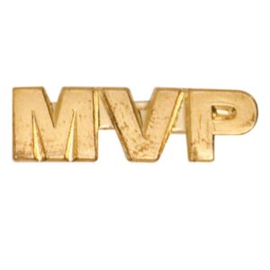 "MVP" pin with bright gold finish and butterfly clutch back. Pin length is 0.5''