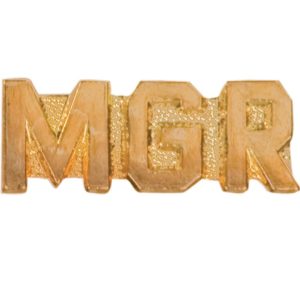 "Manager" pin with bright gold finish and butterfly clutch back. Pin length is 0.5''