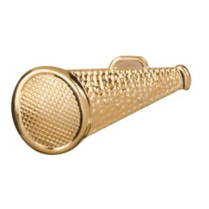 Megaphone pin with bright gold finish and butterfly clutch back. Pin length is 0.5''