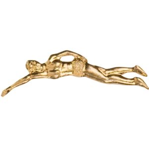 Male swimmer pin with bright gold finish and butterfly clutch back. Pin length is 0.5''