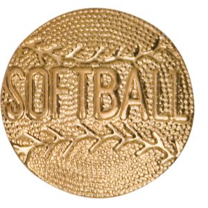 "Softball" pin with bright gold finish and butterfly clutch back. Pin length is 0.5''