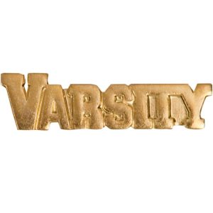 "Varsity" pin with bright gold finish and butterfly clutch back. Pin length is 0.5''