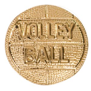 "Volleyball" pin with bright gold finish and butterfly clutch back. Pin length is 0.5''